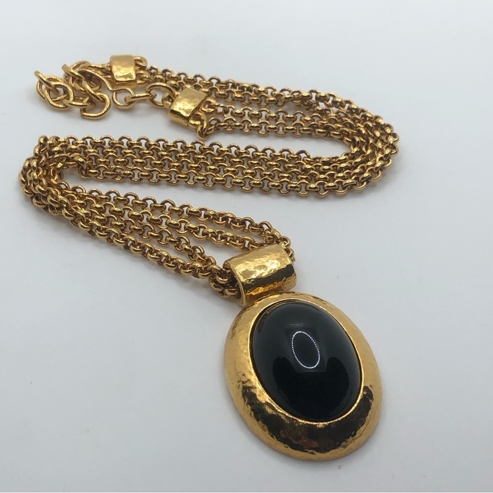 Vtg Monet Gold Tone Black Oval Cabochon Necklace 17” + 1.5” / 1.9” Pendant